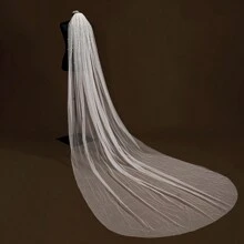 1 件新娘仿珍珠头纱复古拖尾头纱串珠婚礼摄影配饰 - 米色 - 查看 7