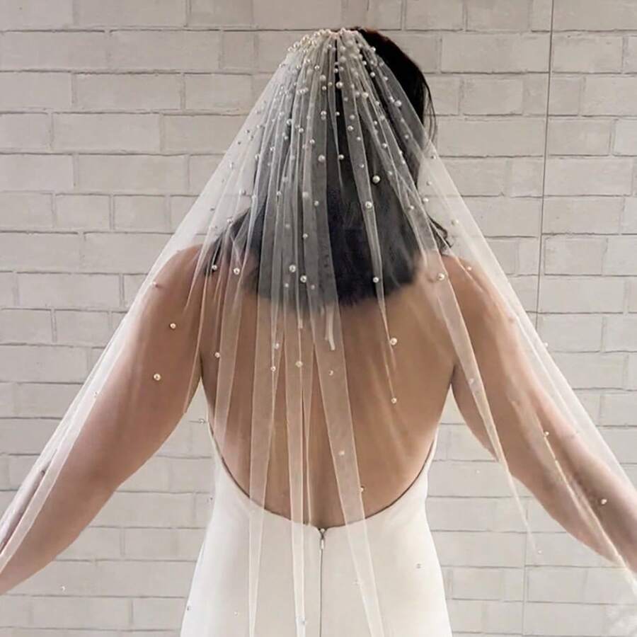 1 件新娘仿珍珠头纱复古拖尾头纱串珠婚礼摄影配饰 - 米色 - 查看 1