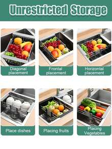 1pc Adjustable Dish Drainer Stainless Steel Sink Drain Rack Fruit Vegetable Drain Basket Kitchen Extendable Dish Drying Rack - Light Grey - View 7