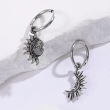 2 Piezas Pendientes Asimétricos Colgantes Para Hombre De Aleación De Sol Y Luna