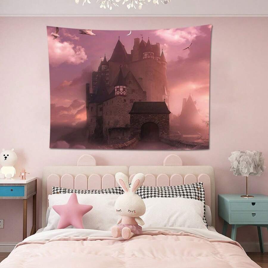 1 件城堡風格牆掛毯、臥室美學掛毯、客廳、卡通動漫懸掛家居裝飾、luau 派對、商店背景、掛毯美學裝飾 - 粉色 - 查看 1