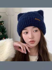 1 件女士冬季帽子，韩版可爱护耳针织帽，加厚保暖，适合户外休闲和购物时保暖，街头时尚帽子，带有保暖内衬，非常适合休闲穿着 - 藏蓝色 - 查看 1