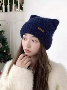 1 件女士冬季帽子，韩版可爱护耳针织帽，加厚保暖，适合户外休闲和购物时保暖，街头时尚帽子，带有保暖内衬，非常适合休闲穿着 - 藏蓝色 - 查看 2