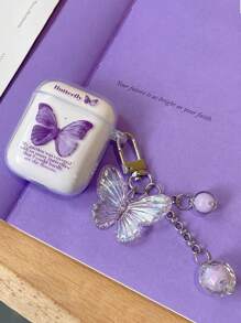 1入紫色英文字母和蝴蝶圖案印花tpu耳機盒,有紫色珠狀蝴蝶吊墜,適用於蘋果耳機 - 彩色 - 查看 3