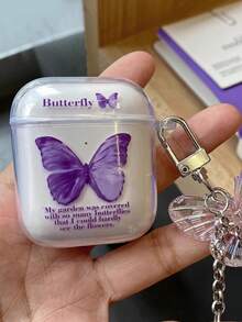 1入紫色英文字母和蝴蝶圖案印花tpu耳機盒,有紫色珠狀蝴蝶吊墜,適用於蘋果耳機 - 彩色 - 查看 2