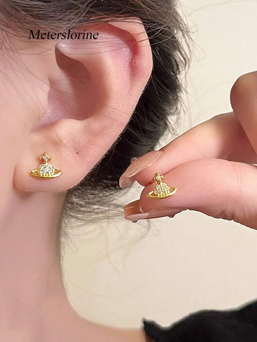 1 对时尚 925 纯银土星耳钉 女士复古精致情人节珠宝礼物 - 金色 - 查看 1