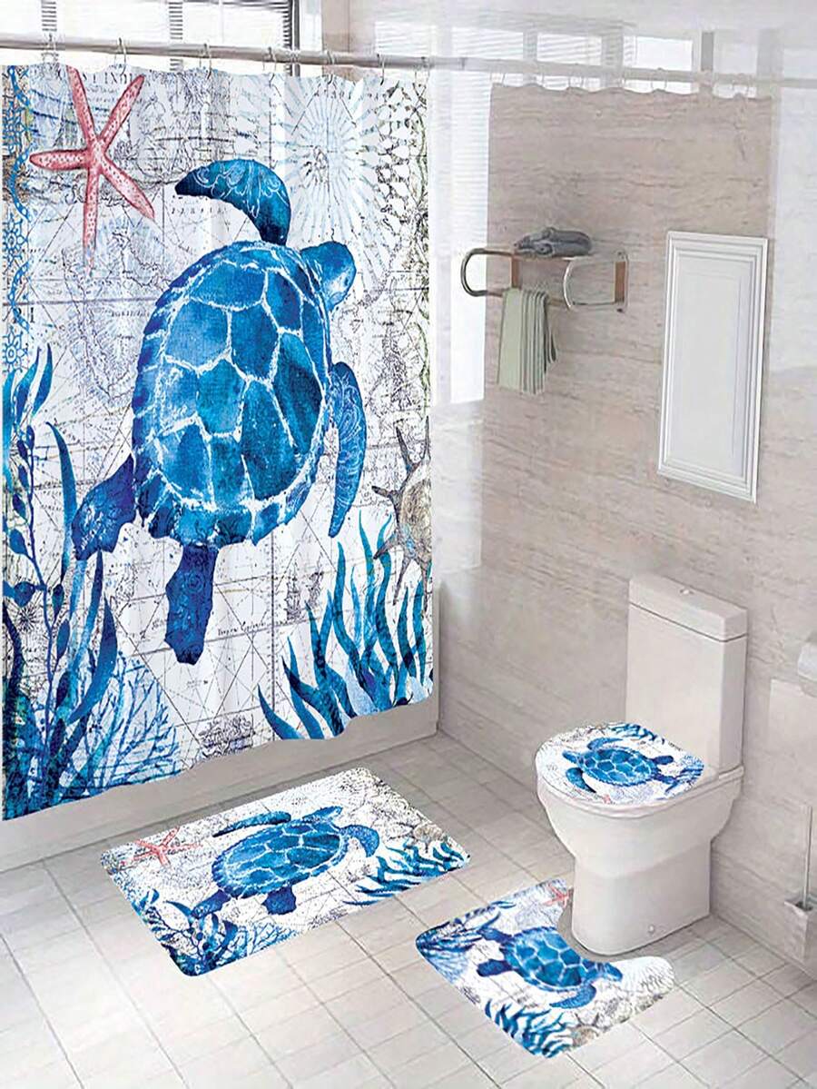 4入組海洋龜主題浴室地墊,含淋浴簾,適用於飯店、浴室、客廳、室外浴室裝飾,創意印花,防水防滑地墊 - 彩色 - 查看 1