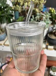 1只400毫升條紋玻璃雙層杯,帶吸管,竹質蓋和夏天主題印花,奶昔杯,冰咖啡杯 - 無色 - 查看 4