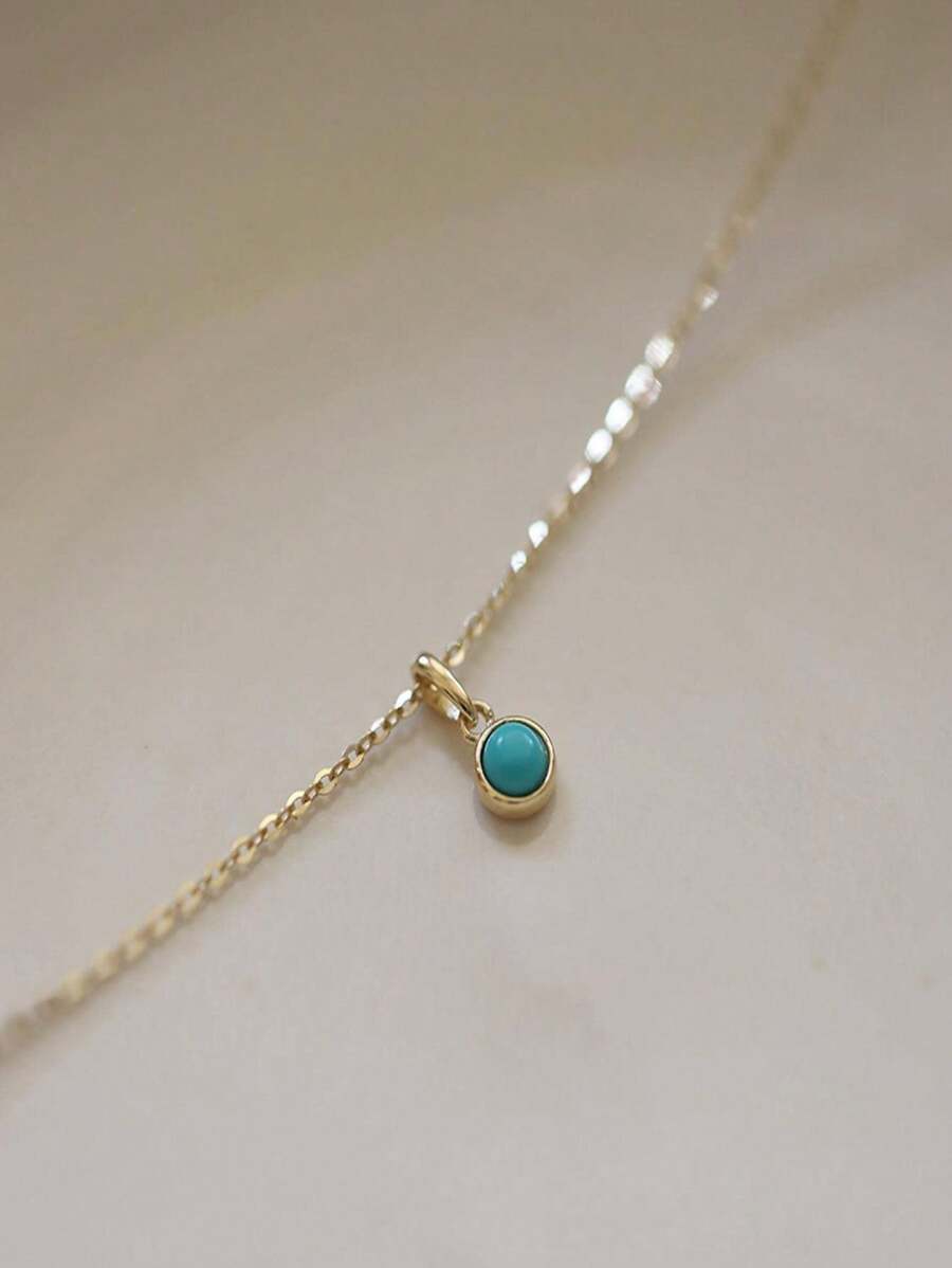 1入組時尚圓形綠松石色純銀吊墜項鍊適合女士日常裝飾