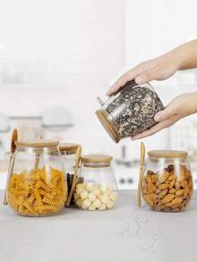 1入組帶蓋匙的透明玻璃密封罐,適用於儲存零食、茶葉、燕麥、鹽、堅果、糖果、抹茶等 - 無色 - 查看 2