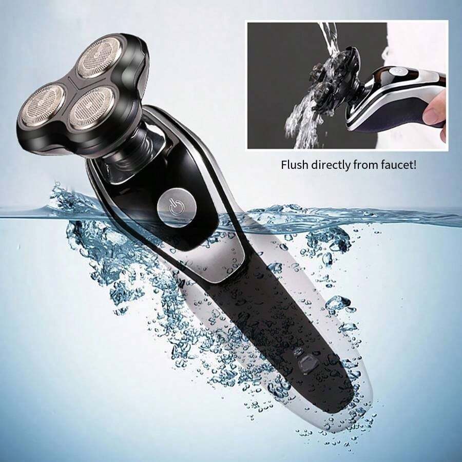 4D Có thể sạc lại Không thấm nước 3 đầu Quay Điện lực Máy cạo râu Khô Ướt Quay Máy cạo râu Cho nam giới Với Cửa sổ Bật lên Dụng cụ cắt sửa , Xanh - Bạc - Xem 1