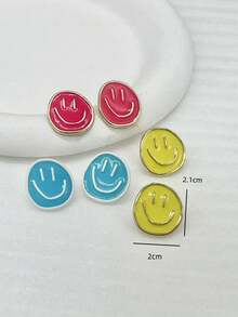 3對/組時尚極簡鋅合金微笑臉耳釘 - 彩色 - 查看 5