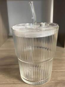 1只400毫升條紋玻璃雙層杯,帶吸管,竹質蓋和夏天主題印花,奶昔杯,冰咖啡杯 - 無色 - 查看 3