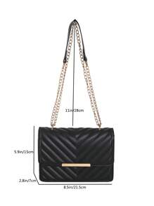 简约时尚纯色PU翻盖大容量小众几何优雅知性包女包刺绣金属链单肩包 - 黑色 - 查看 6