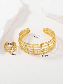 沙烏地阿拉伯寬雛菊條紋銅杜拜婚禮珠寶套裝,女式 1 件手鍊和 1 枚戒指 - 金黃色 - 查看 2