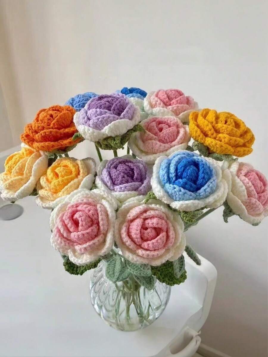 1朵手工編織漸變玫瑰花,鉤織不凋花,情人節禮物 - 彩色 - 查看 1
