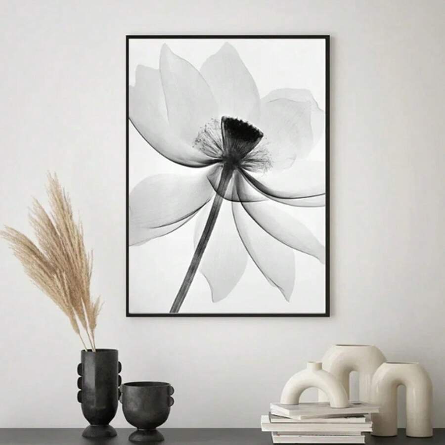 1入組帆布黑白蓮花壁畫印刷畫，客廳家居裝飾畫，不含相框
