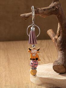 1 Piece Western Cow Pattern Cowboy Hats Cute Highland Cow Tassel Decor Wooden Beads Key Chain Key Ring Backpack Decoration Gift For Cowgirl Mother Daughter Friends - Multicolor - View 13