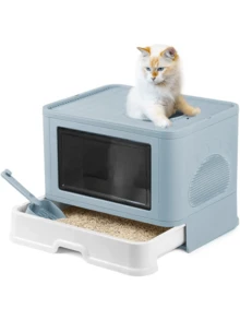 1個塑膠抽屜式可折疊全封閉貓砂盒,適合大、中、小型貓 - 綠色 - 查看 1