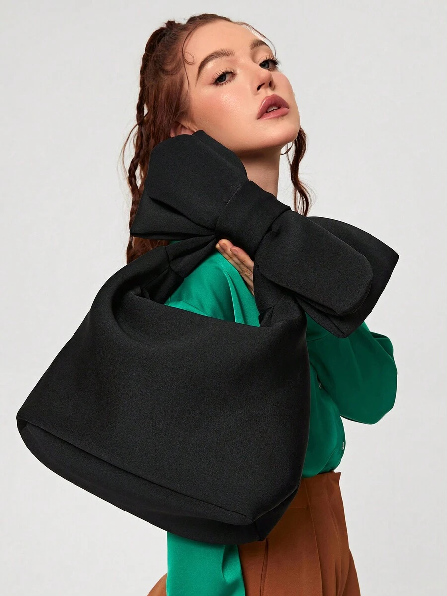 1pc Women's Bow Black Large-Capacity Handbag Can Store Change, Mobile Phone Bag, Gentle, Cute And Sweet Style Bow Handbag Wrist Bag Suitable For Daily Storage And Travel Use - Black - View 1