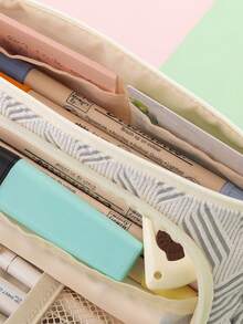 Simple Stripe Pencil Case Pen Bag Front Open Side Handle Storage Pouch Organizer For Stationery School Travel - Pink - View 7