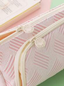 Simple Stripe Pencil Case Pen Bag Front Open Side Handle Storage Pouch Organizer For Stationery School Travel - Pink - View 8