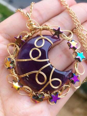 Crystal Amethyst Moon Star Life Tree Mix Material Healing Stones Chips Pendant Necklace
