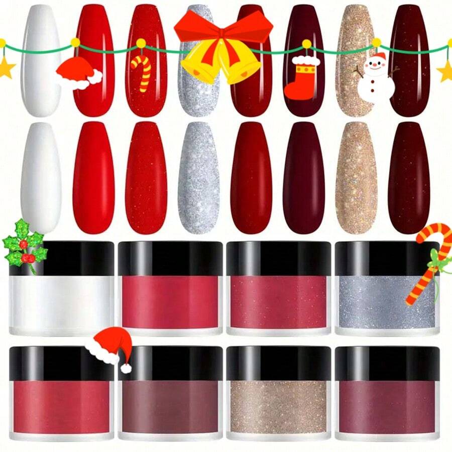 聖誕主題8色壓克力套裝,含指甲藝術3合1套裝,可雕刻、浸泡、延伸、水晶、沙龍、紫外線凝膠指甲貼,10g瓶裝 - 彩色 - 查看 1