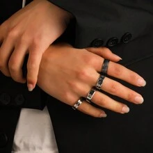 4pcs/Set Men'S Stainless Steel Black Fingerprint Skull Ring - Silver - View 1