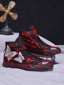 女士定制手繪塗鴉印花彩墨視覺蝴蝶設計高筒平底帆布鞋,男女皆宜的理想禮物,適用於春夏秋季。注：每雙鞋子都有獨特的圖案 - 黑色 - 查看 7