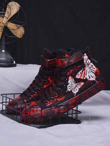 女士定制手繪塗鴉印花彩墨視覺蝴蝶設計高筒平底帆布鞋,男女皆宜的理想禮物,適用於春夏秋季。注：每雙鞋子都有獨特的圖案 - 黑色 - 查看 2