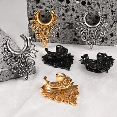 2入組中空設計不銹鋼耳廓穴道插頭擴張器豎紋套,適用於穿刺身體珠寶