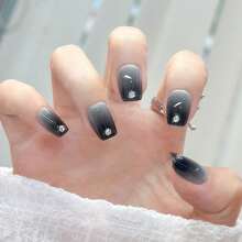 14入組低調奢華短款黑白漸層美甲貼,方便重複使用,適用於派對、舞會和日常穿著 - 黑與白 - 查看 4