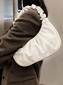 时尚新款高颜值云朵包褶皱小包纯色单肩腋下包女包百搭纯色手提包女包腋下包 - 白色 - 查看 3