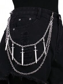 1pc Women's Silver Multi Layered Metal Chain Sword Pendant Alloy Pants Chain, Fashionable, Skirts, Suitable For Daily Wear Street Halloween Summer, School Fall, Autumn, Halloweenshorts - Silver - View 1