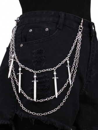 1pc Women's Silver Multi Layered Metal Chain Sword Pendant Alloy Pants Chain, Fashionable, Skirts, Suitable For Daily Wear Street Halloween Summer, School Fall, Autumn, Halloweenshorts