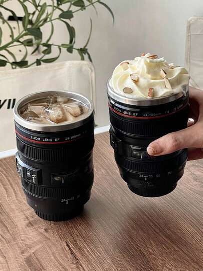Camera Lens Shaped Mug, Funny Creative Birthday Gift, Black, With Thermal Insulation, Portable