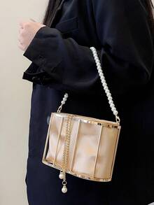 女士時尚金屬鳥籠設計度假手提包晚宴包派對包舞會禮服包晚宴用手提包 - 金色 - 查看 7