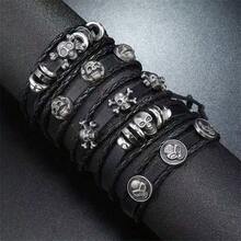 男士龐克時尚骷髏鉚釘手鍊跨境手鍊五件套多層套裝手鍊 - 黑色 - 查看 2
