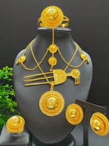 1 件項鍊、1 對耳環、1 件手鍊、1 件戒指、1 件髮夾、1 件頭鍊 - 6 件/套珠寶套裝適合婚禮、派對和日常佩戴、禮物 - 金黃色 - 查看 13