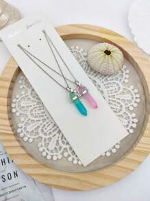 1pc Fashionable Glass & Acrylic & Crystal Pendant Bff Friendship Necklace Set, Suitable For Daily Wear Of Teenage Girls - Luminous crystal BFF metal chain necklace set - View 2