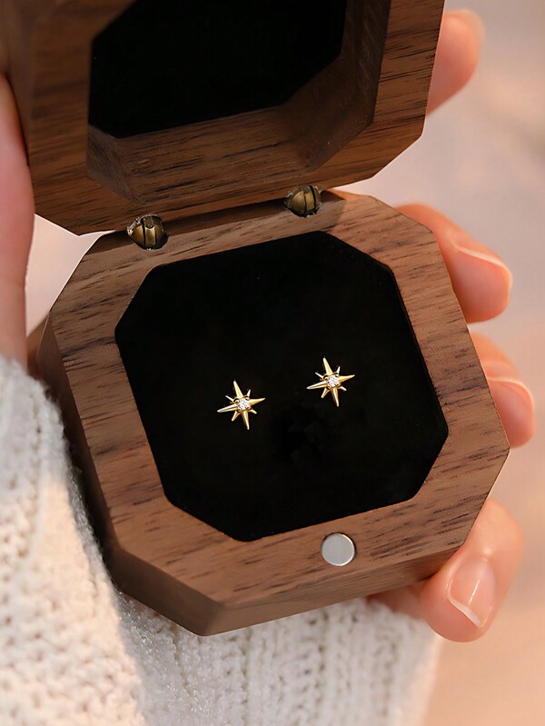 1pair S999 Sterling Silver Cubic Zirconia Eight-pointed Star Design Symmetric Earrings For Women