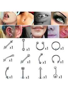 12入組身體穿孔配件,包括肚臍環、乳房環、鼻環、舌釘、唇釘、眉毛釘、耳釘,時尚朋克風格身體裝飾,個性化穿孔飾品,適用於女性珠寶配件、情侶禮物、朋友禮物、姐妹禮物、有趣禮物、女性禮物 - 銀色 - 查看 6