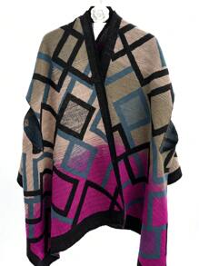 1件女士多色假珍珠打造幾何拼接飾邊披肩,加厚保暖,適用於日常通勤和戶外 - 彩色 - 查看 1