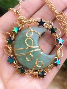 Crystal Amethyst Moon Star Life Tree Mix Material Healing Stones Chips Pendant Necklace