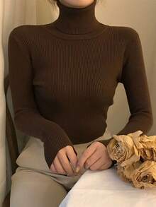 Suéter De Punto Acanalado De Cuello Alto De Color Sólido Para Mujer,Jersey de cuello tortuga tejido de canalé - Café integral - Ver 3