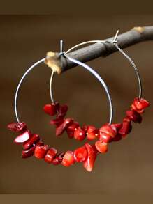 1 对手工制作的不对称天然石欧美风格个性化海滩耳环，带串珠吊坠和大圈 - 圓形 - 查看 16