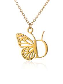 1入單一金色不銹鋼字母a-z首飾蝴蝶墜項鍊,適合女性,節日禮物 - 金色 - 查看 30