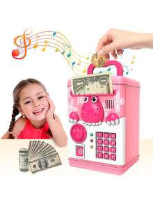 Valentine's Day Ealing Piggy Bank For Boys Girls,Electronic Mini ATM With Digital Password Cash Coins Bills,Kids Safe Money Box,Christmas Birthday Gifts For Kids - 粉色 - 查看 1