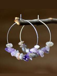 1 对手工制作的不对称天然石欧美风格个性化海滩耳环，带串珠吊坠和大圈 - 圓形 - 查看 5